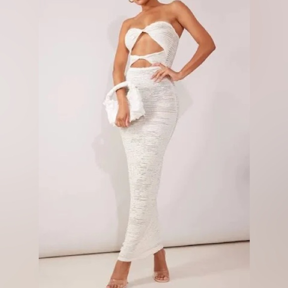 PrettyLittleThing Cream Textured Bandeau Twist Cut Out Long Dress NWT